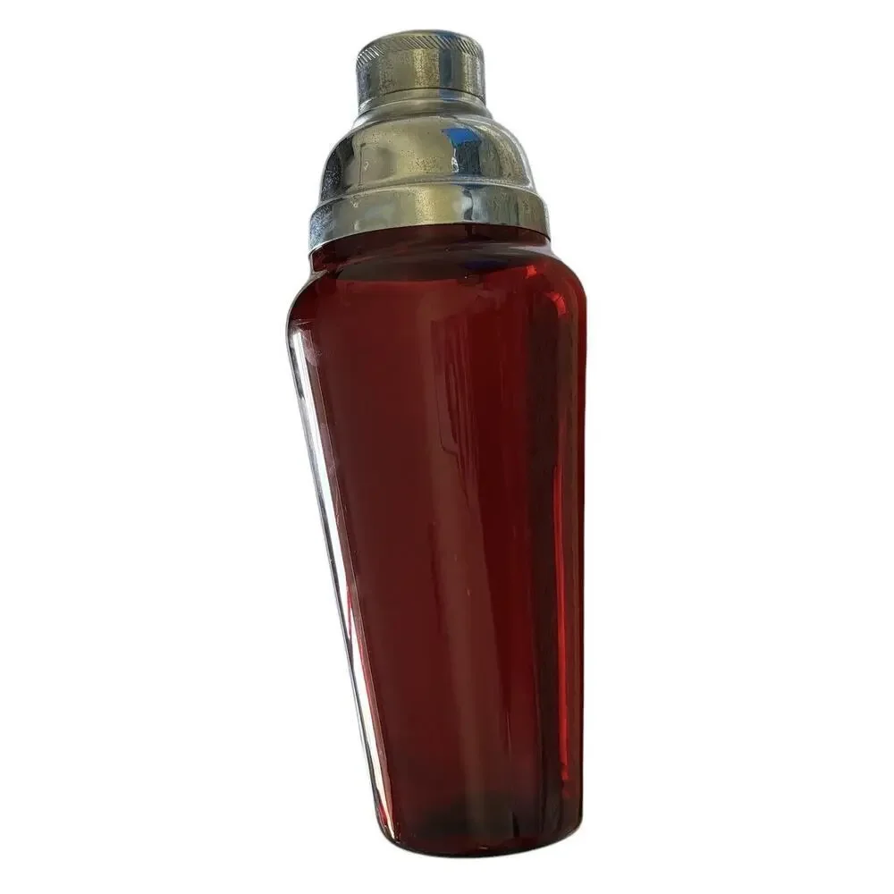 Vintage Ruby Red blown glass Mid Century Modern chrome topper martini shaker